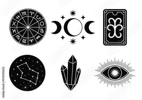 Mystical zodiac constellation crystal tarot card triple moon eye vector graphic bundle set silhouette vector illustration white background