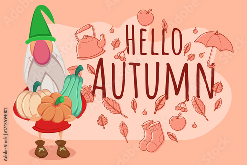 Cheerful gnome standing and holding collection of gourds and pumpkins. Autumn-themed elements like leaves and umbrellas celebrating season