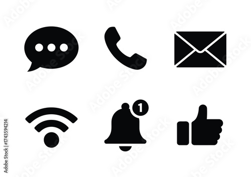 Set of 6 black communication and social media icons vector illustration scalable eps format silhouette vector illustration white background