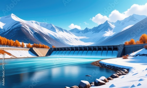 Scenic winter dam reservoir with snowcapped mountains and autumn trees