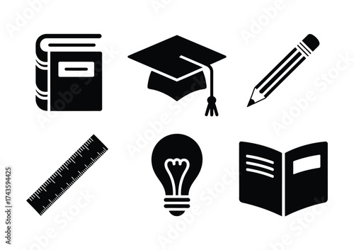 Set of 6 scalable vector silhouettes education learning tools graduation cap book pencil lightbulb ruler icon silhouette vector illustration white background