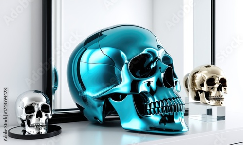 Futuristic metallic skull statues in contemporary interior design