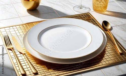 Elegant dinnerware with gold details in a luxurious dining setting