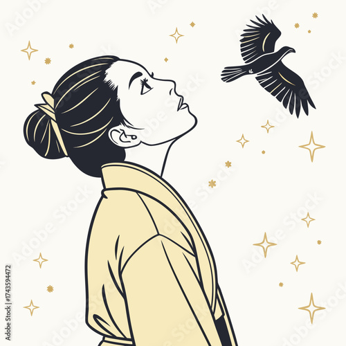 Elegant woman looking up at a soaring eagle under a starry sky, symbolizing freedom and aspiration