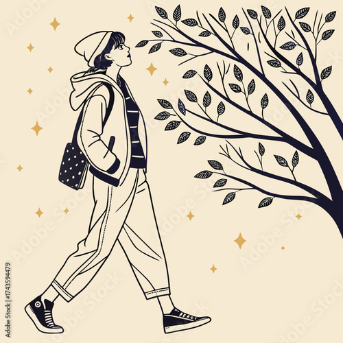 A Young Woman in a Beanie and Hoodie Walking Under a Tree with Falling Leaves and Twinkling Stars