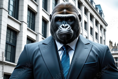Gorilla in business suit in urban setting expresses power and confidence