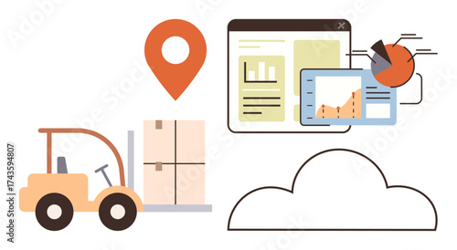 Forklift moving boxes, location pin, data charts with cloud icon. Ideal for supply chain, logistics, shipping, inventory, analytics technology and future business. Simple flat metaphor