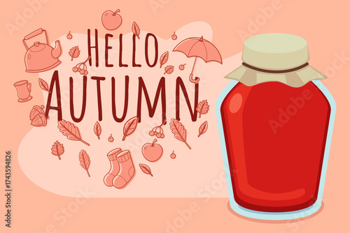 Colorful design with jar of jam alongside autumn elements, including leaves, apples, and socks, capturing cozy essence of fall season