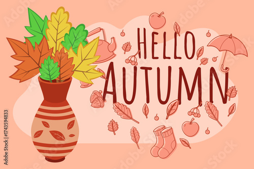 Vibrant illustration of autumn leaves arranged in decorative vase against background with seasonal elements like fruits, socks, and umbrella, creating warm autumn atmosphere