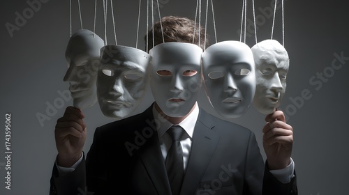 Conceptual image depicting a person in a business suit surrounded by multiple white masks suspended from strings, symbolizing various facades, impersonation, and the duality of identity.