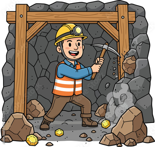 Cartoon Miner Digging for Gold with Pickaxe in a Mine