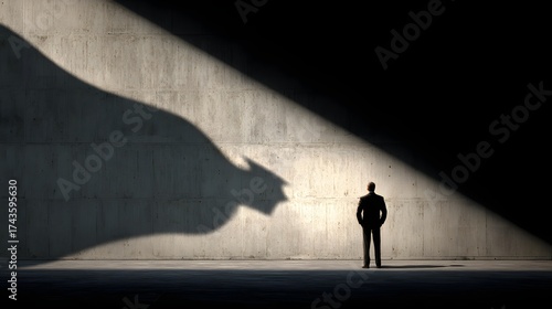 Silhouette of a man stands before a large concrete wall, a dramatic shadow resembling a stylized arrow is cast upon the surface, creating an image of symbolism.