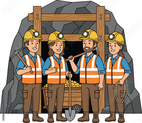 Cartoon Miner Team with Tools at Mine Entrance Illustration