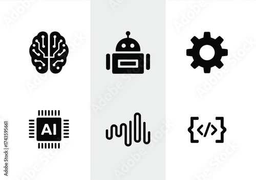 Set of 6 black silhouette icons representing ai brain robot gear ai chip soundwave and code vector illustration silhouette vector illustration white background