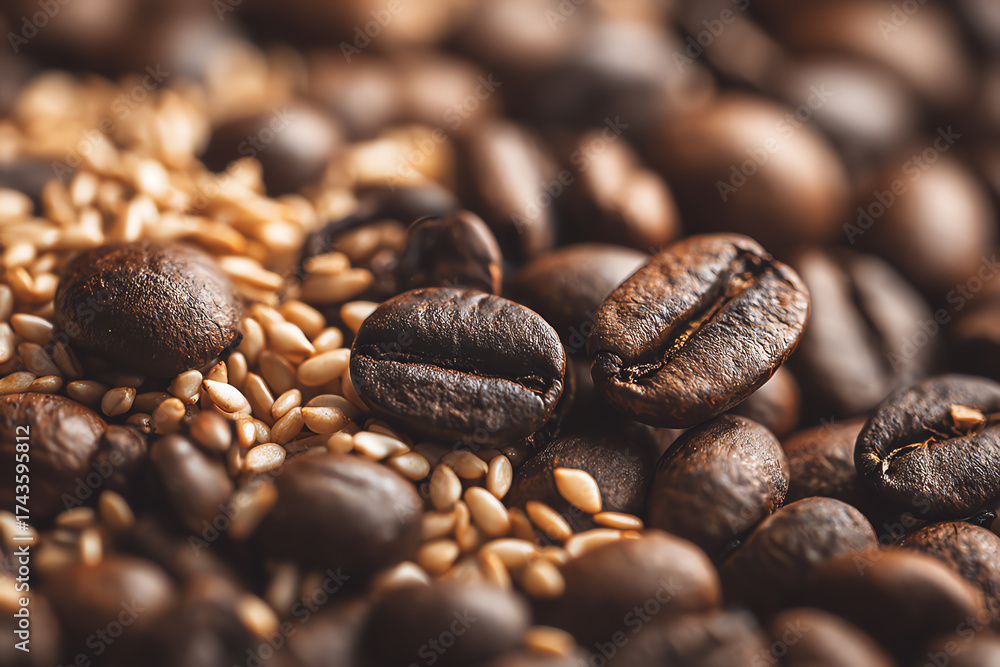 Fototapeta premium Aromatic Coffee Beans and Sesame: A rich macro shot showcases the deep brown hues of coffee beans artfully mingled with golden sesame seeds, creating a sensory experience for the viewer.