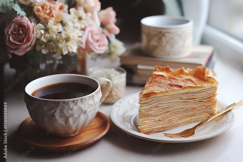 Fototapeta premium Cake and Coffee Still Life: A delicious slice of layered cake alongside a cup of steaming coffee and a bouquet of vibrant flowers, creating a cozy and inviting atmosphere.