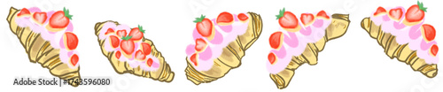 Strawberry Cream Croissant Illustration Set – Cute Bakery Pastry Vector for Cafe Menu, Dessert Clipart and Sweet Food Design