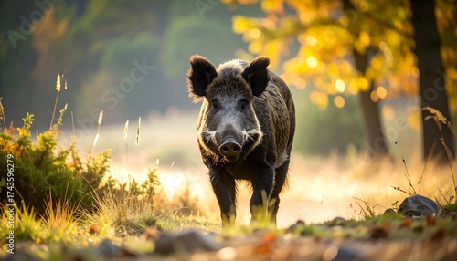 Wild boar in autumnal forest