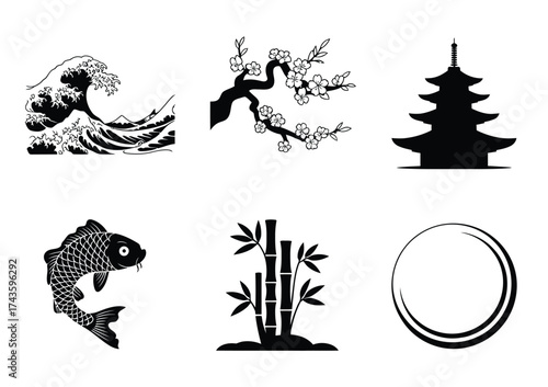 Set of 6 traditional japanese silhouette illustrations vector bundle scalable eps icon elements silhouette vector illustration white background
