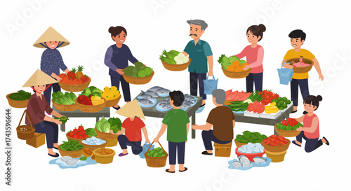 Asian market scene with vendors selling fresh produce and seafood