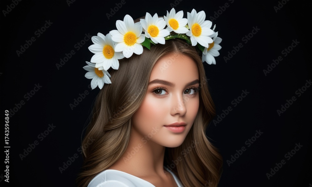 custom made wallpaper toronto digitalYoung woman with floral crown of daisies against dark background