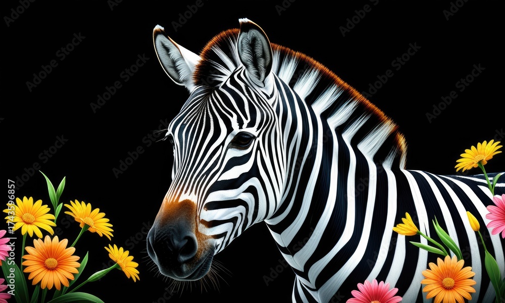 custom made wallpaper toronto digitalVibrant zebra with colorful flowers against black background