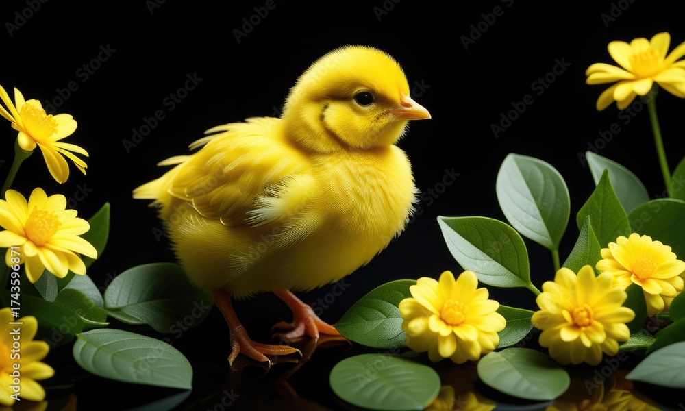 custom made wallpaper toronto digitalCute yellow chick surrounded by vibrant flowers on black background