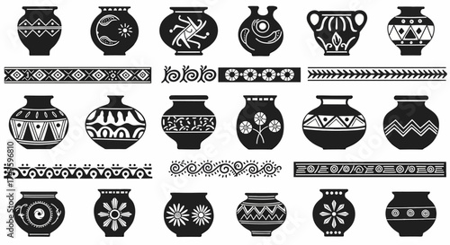 Black silhouette illustrations of various ancientstyle pottery and decorative borders