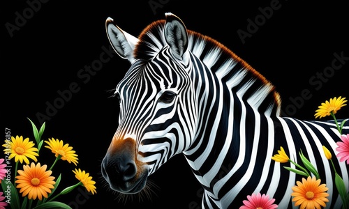 Wallpaper Mural Vibrant zebra with colorful flowers against black background Torontodigital.ca