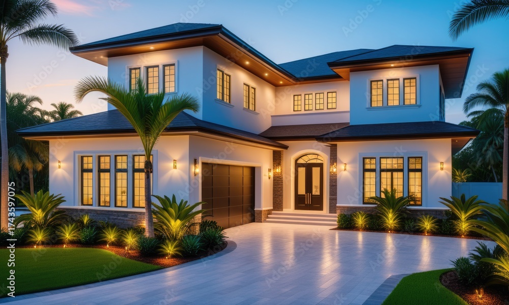 custom made wallpaper toronto digitalLuxurious modern home exterior at dusk with palm trees and ambient lighting
