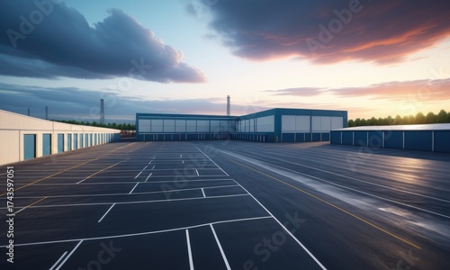 Wallpaper Mural Vast industrial warehouse complex at sunset with dramatic sky and empty parking lot Torontodigital.ca