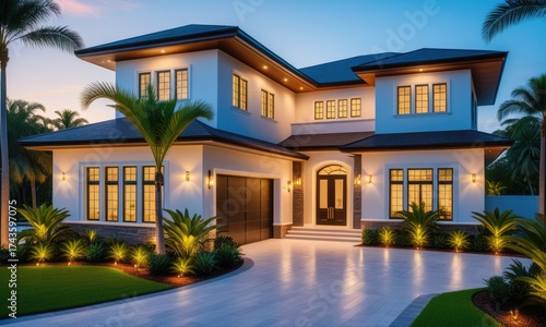 Wallpaper Mural Luxurious modern home exterior at dusk with palm trees and ambient lighting Torontodigital.ca
