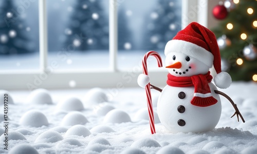 Wallpaper Mural Festive snowman holding candy cane in winter wonderland decorated with christmas lights Torontodigital.ca