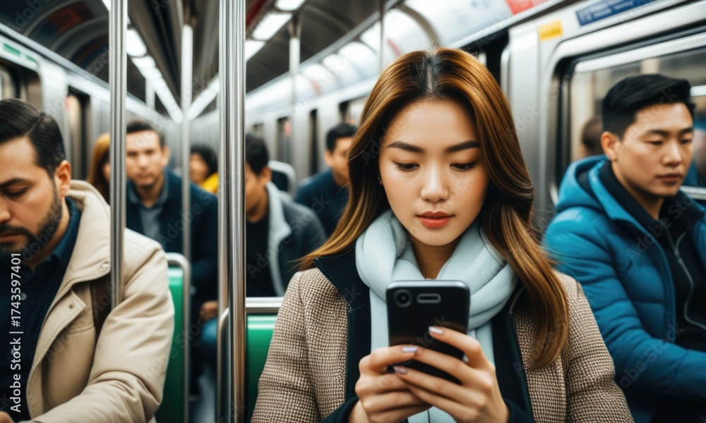 custom made wallpaper toronto digitalYoung woman focused on smartphone in busy subway train