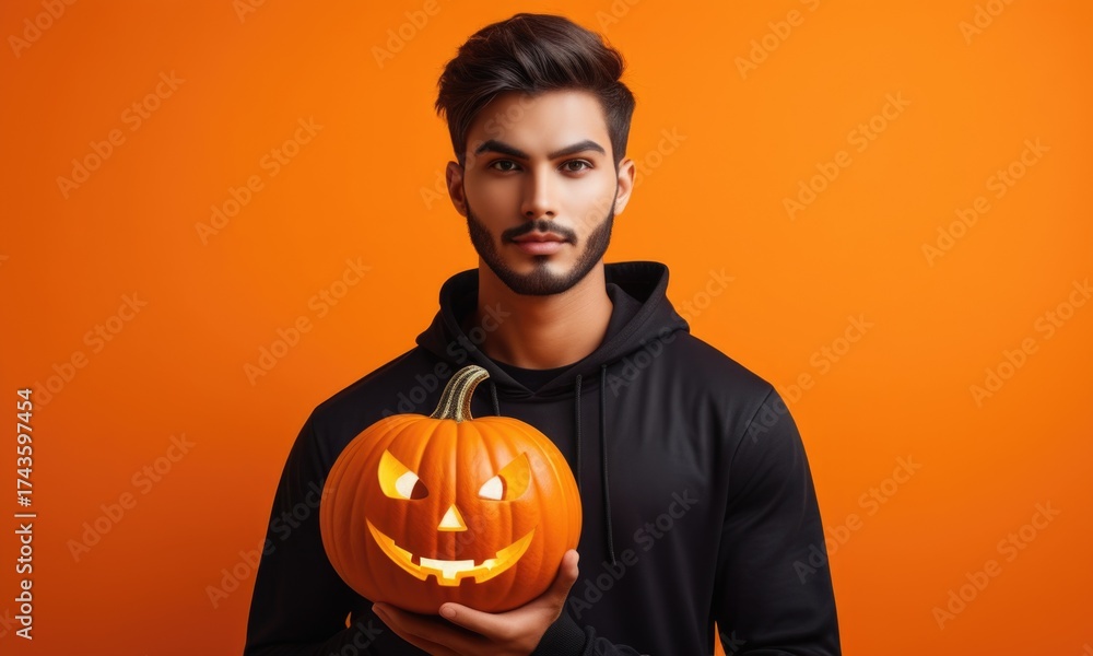 custom made wallpaper toronto digitalYoung man holding carved pumpkin against vibrant orange background for halloween celebration
