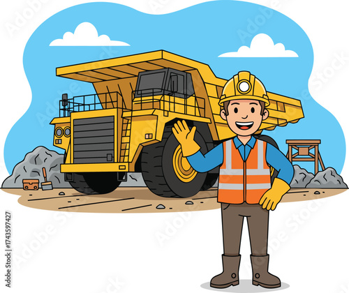Friendly Cartoon Miner Waving in Front of a Large Dump Truck