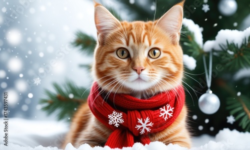 Wallpaper Mural Festive orange cat in red scarf with snowflakes and christmas tree background Torontodigital.ca