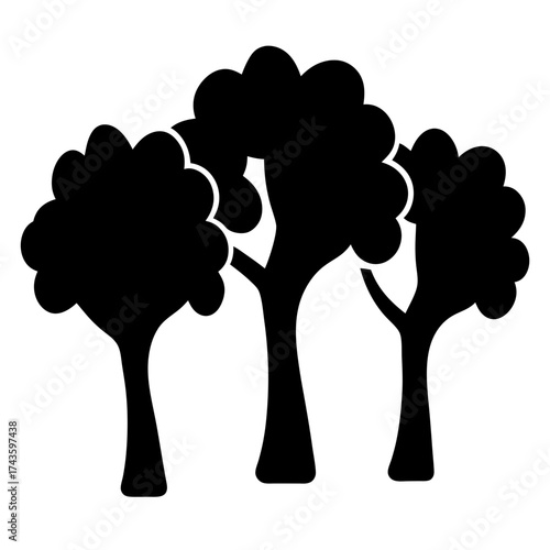 Black Silhouette of Three Stylized Trees-Simple black silhouette graphic featuring three stylized trees, symbolizing nature, forest, ecology, and environmental conservation in minimalist form.