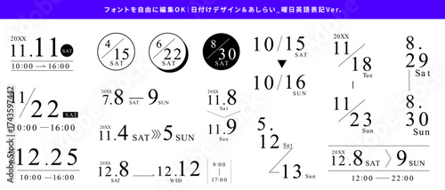 編集OKな日付のデザインパーツセット_年度,日付,曜日,時間,期間_曜日英語Ver｜ Editable Date Design Parts Set | Year, Date, Day of the Week, Time, Period (English Version)