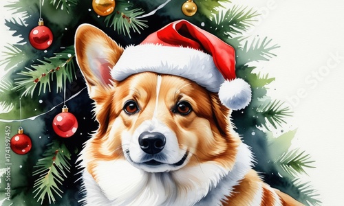 Wallpaper Mural Festive corgi in santa hat by a christmas tree with ornaments Torontodigital.ca