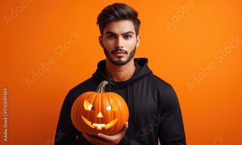 Wallpaper Mural Young man holding carved pumpkin against vibrant orange background for halloween celebration Torontodigital.ca