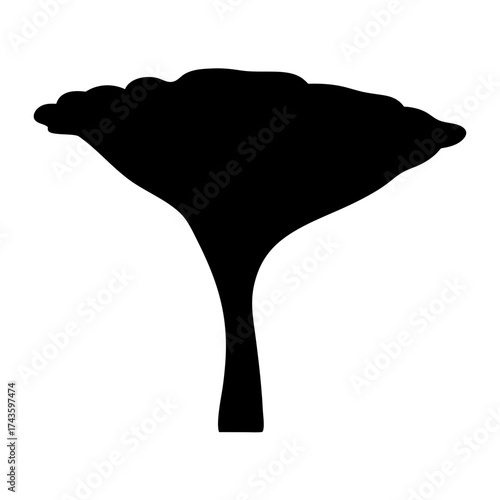 Acacia tree silhouette isolated on white background-Black silhouette of an acacia-style tree with wide flat canopy and short trunk, isolated on white background for design or nature themes.