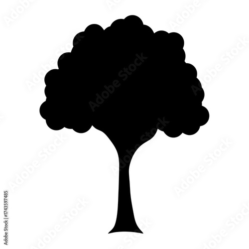 Simple tree silhouette isolated on white background-Minimal black silhouette of a tree with rounded leafy crown and narrow trunk, isolated on white background for design or decoration.