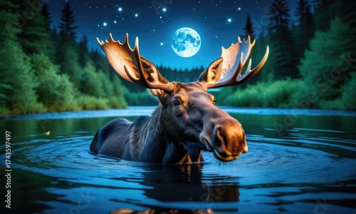 Wallpaper Mural Majestic moose in moonlit forest river under starry sky Torontodigital.ca