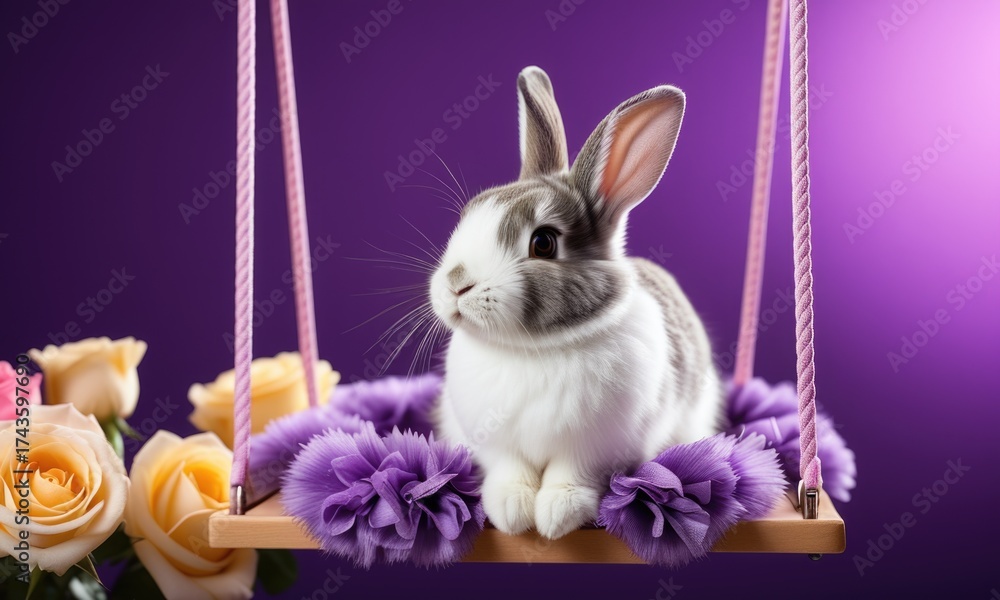 custom made wallpaper toronto digitalAdorable bunny resting on a floral swing with purple background