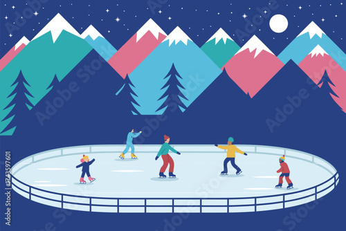 Winter night illustration with people ice skating on an outdoor rink, surrounded by majestic snow-capped mountains and a starry sky