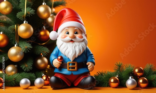 Wallpaper Mural Festive gnome decoration with christmas tree and ornaments on vibrant orange background Torontodigital.ca