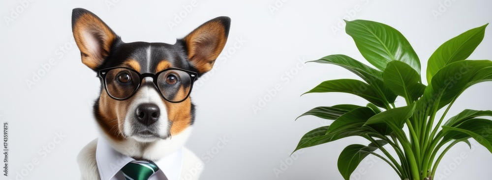 custom made wallpaper toronto digitalBusiness dog in glasses with green plant background: quirky office vibes