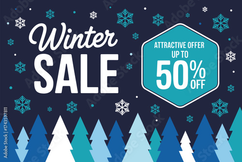 Blue winter themed advertisement background for seasonal sales and holiday shopping promotions with a fifty percent off discount text