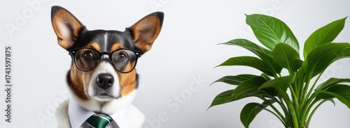 Wallpaper Mural Business dog in glasses with green plant background: quirky office vibes Torontodigital.ca